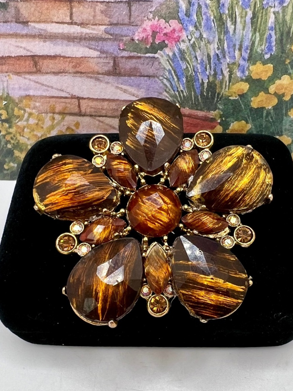 SALE 3/$20**Floral Burst Brooch Tiger Eye Lucite